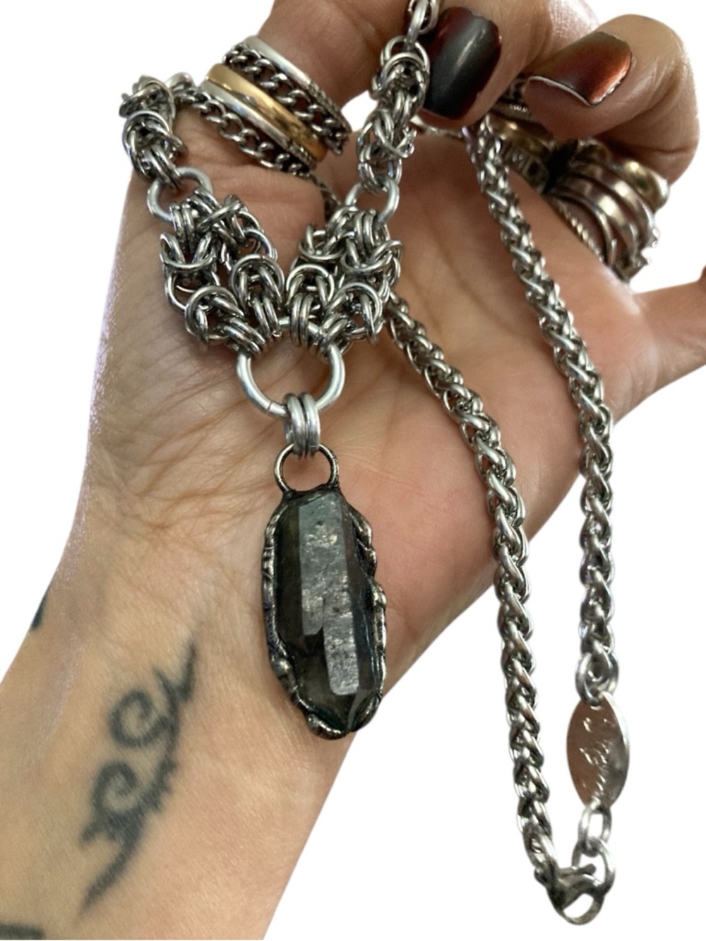 Smoky black herkimer diamond crystal on handmade maille stainless steel chain